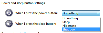 Power and Sleep Button Setting Choices